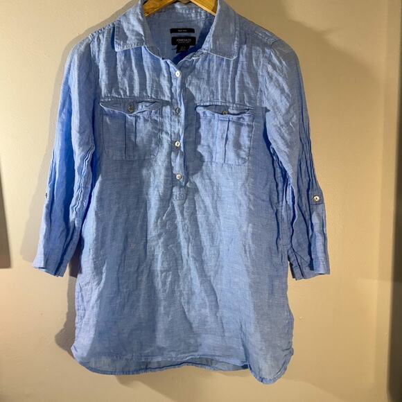 Jones & Co. 100% Linen Sky Blue Tunic Blouse | Roll-Tab Sleeve Popover (Size S) - Picture 3 of 6